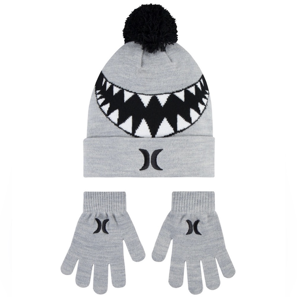 NEW Boys 8-20 Hurley Sharkbait Winter Pom Beanie Hat & Gloves Set, Gray